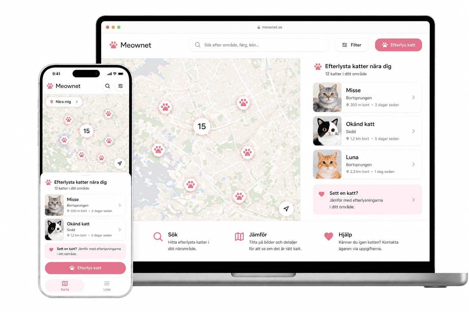 Förhandsvisning av Meownet i mobil och desktop